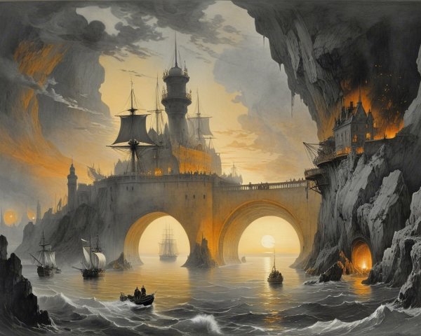 Castle on a Cliff Surrounded by Water and Sunset Sky