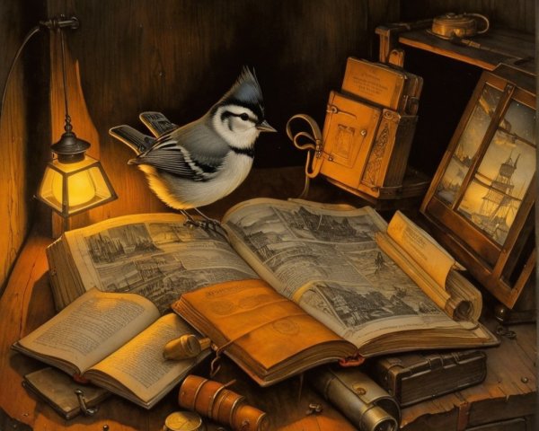 Still Life with Blue Tit, Vintage Books, and Lantern