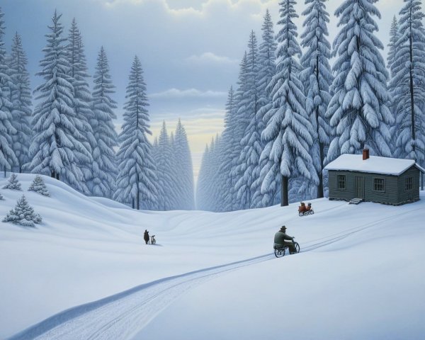 Winter Landscape with Snow-Covered Trees and Cabin
