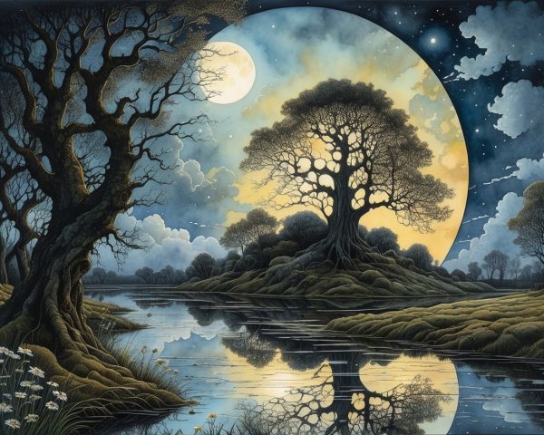 Serene Moonlit Landscape with Tranquil Lake and Trees