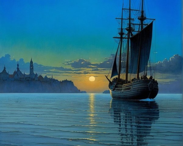 Twilight Scene with Figure by Water and Distant Town