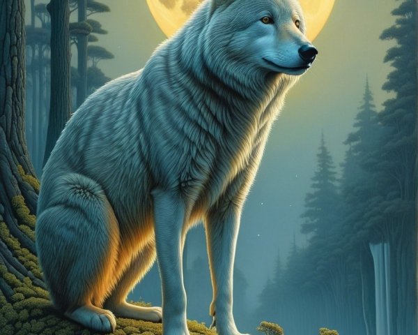 Majestic White Wolf on Mossy Cliff Under Full Moon