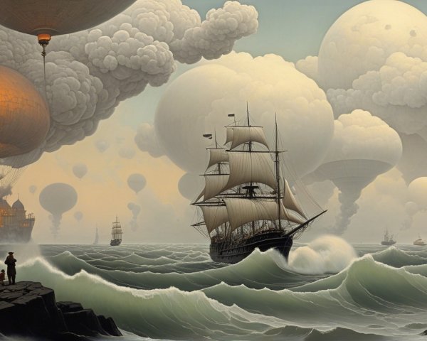 Majestic ship and hot air balloons in vibrant landscape