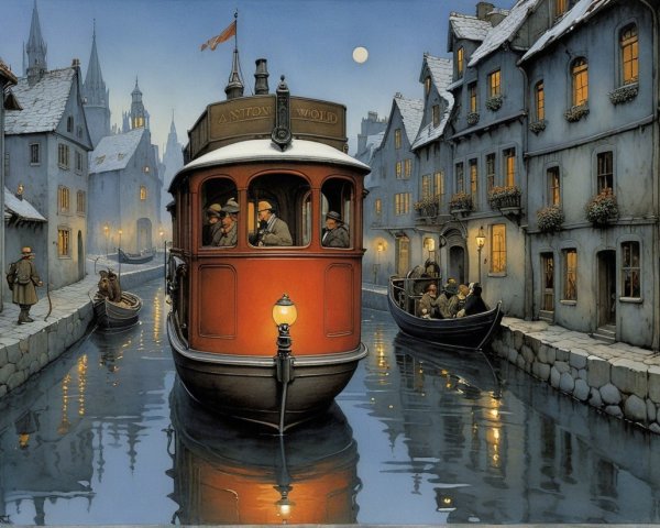 Charming Canal Scene with Red Boat and Snowy Rooftops