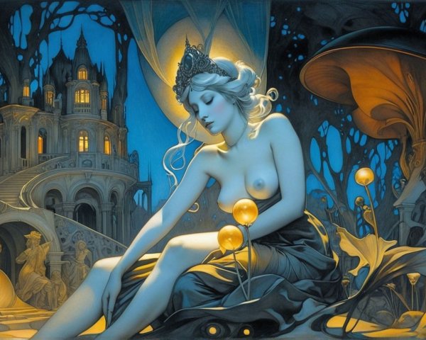 Ethereal Scene of a Figure Among Glowing Mushrooms