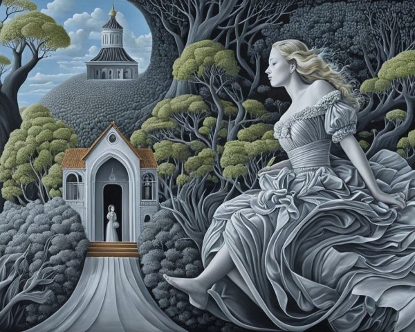 Surreal Landscape with Woman in Flowing Gown