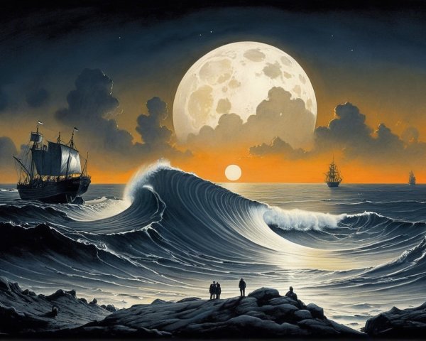 Dramatic Seascape with Waves and Moonlit Figures