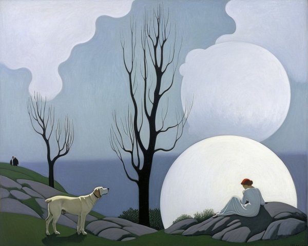 Serene landscape with trees, moons, and a dog