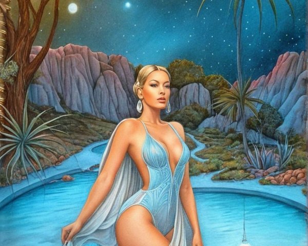 Confident Woman in Swimsuit by Serene Pool at Night