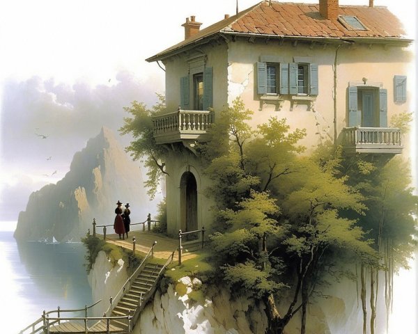 Coastal Scene with House, Figures, and Distant Mountains