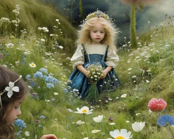 Young Girls in a Colorful Flower Field Landscape