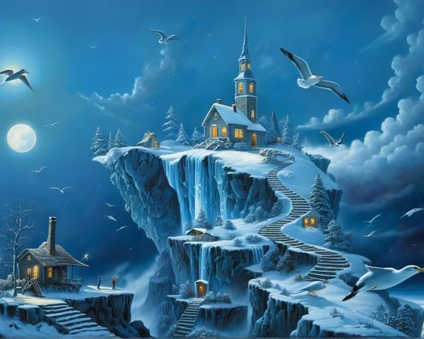 Winter Landscape with Cliffside House and Cabin