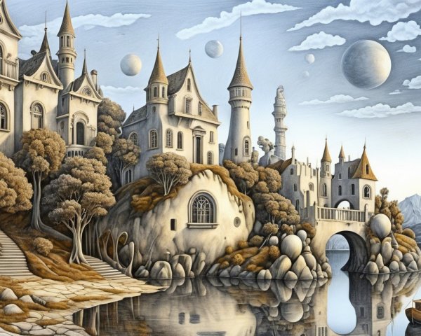 Whimsical Castle and Serene Lake in Grayscale Landscape