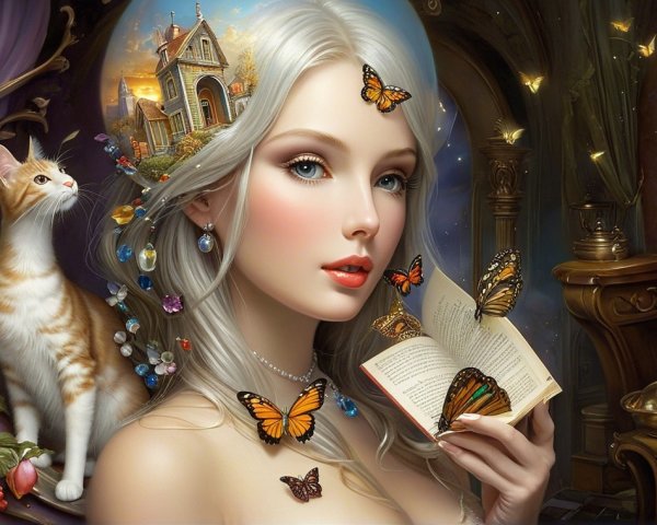 Ethereal Woman with Silver Hair and Enchanting Scene