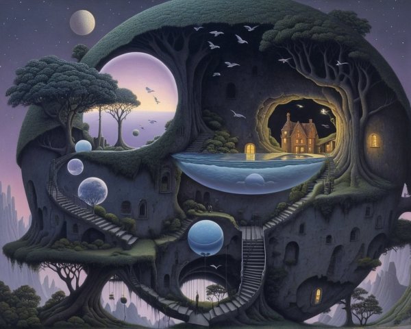 Surreal landscape with skull-shaped tree and cozy house