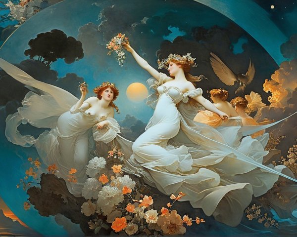 Ethereal Scene of Women in White Gowns and Flowers