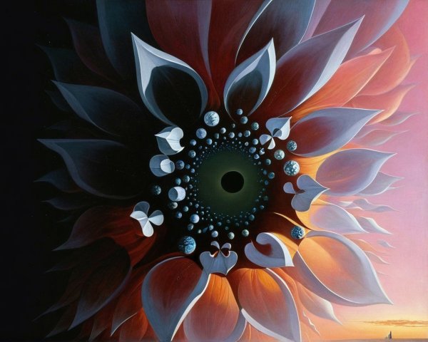Cosmic Floral Structure with Red and White Petals
