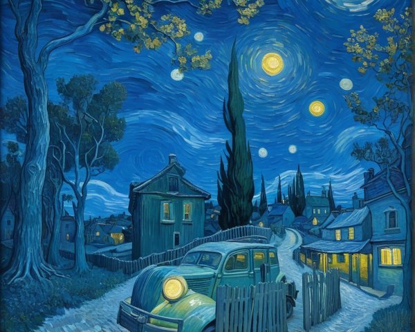 Starry Night Scene with Vintage Car and Quaint Homes