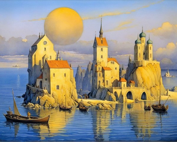 Whimsical Coastal Scene with Fairy-Tale Buildings