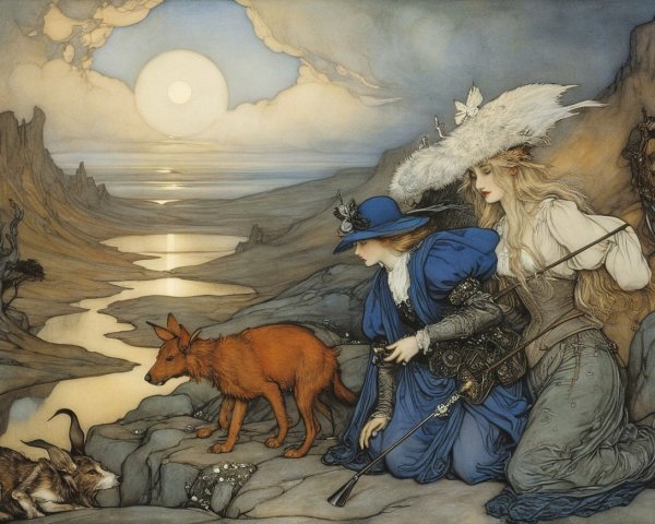 Elegant Women by Riverbank at Sunset with Fox