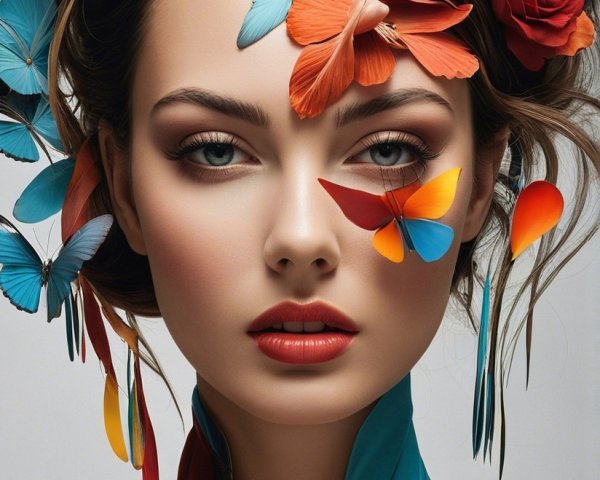 Portrait of a woman with flowers and butterflies