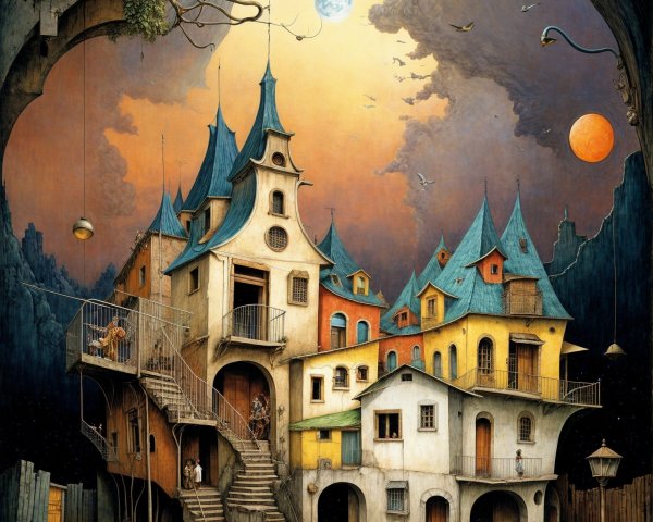 Whimsical Village with Colorful Houses and Sunset Sky