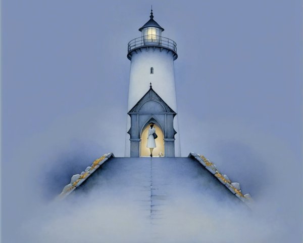 Lighthouse in Fog with Figure and Dog at Entrance