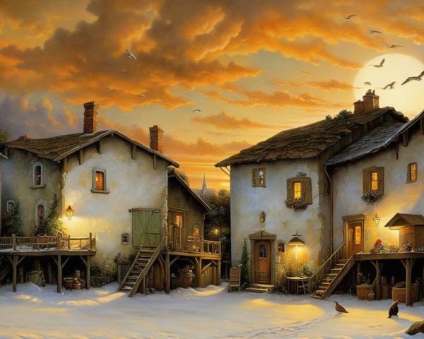 Serene winter village with glowing warm lights