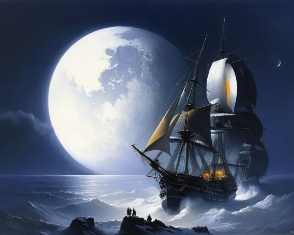 Majestic ship sailing through turbulent seas at night