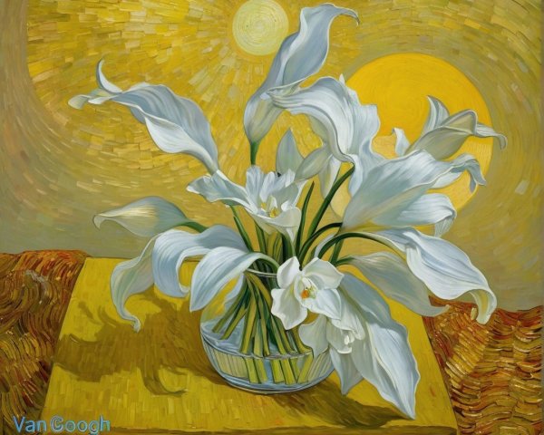 Still Life of White Lilies in Glass Vase on Gold Background