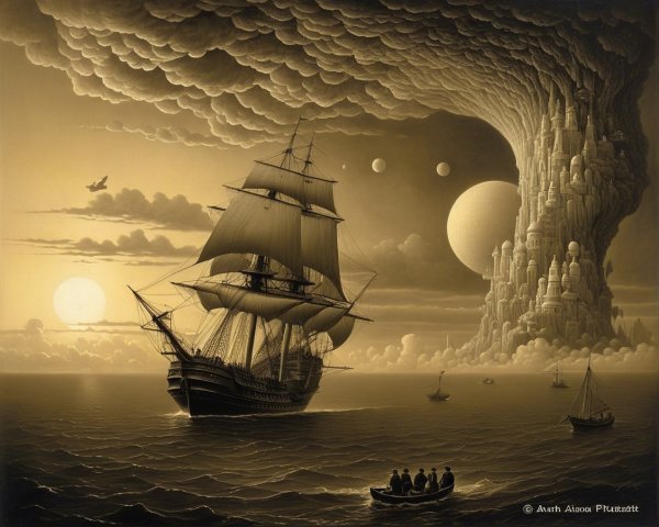 Majestic Ship on Serene Waters with Castle and Sky