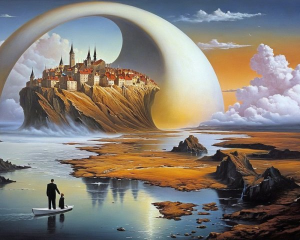 Surreal Landscape with Floating City and Boat Scene