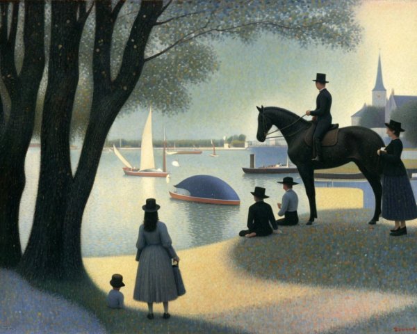 Tranquil lakeside scene with sailboats, horseback rider, and elegantly dressed onlook