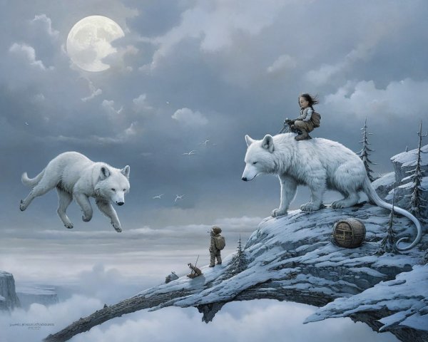 Child on White Wolf in Mystical Winter Landscape