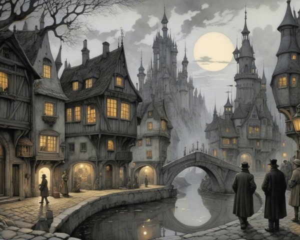 Moonlit Medieval Town with Cobblestone Streets
