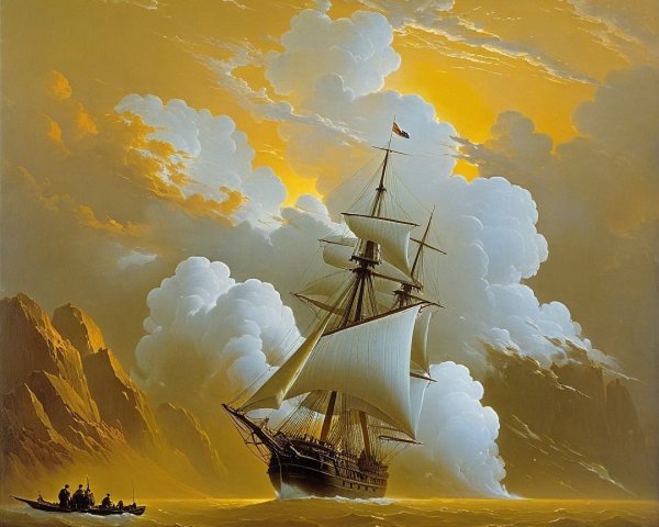 Majestic Sailing Ship on Calm Waters with Mountains