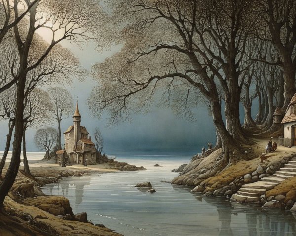 Serene Lake Scene with Trees and Quaint Structures