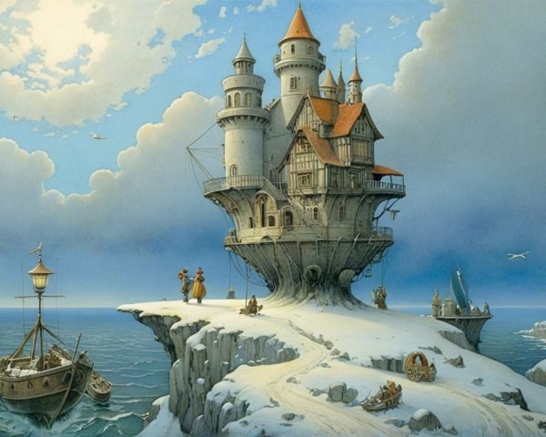 Fantastical castle overlooking serene sea with ships