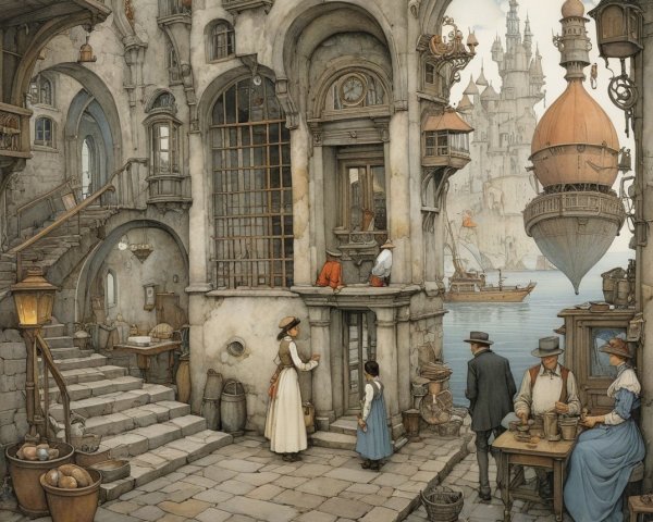 Steampunk Town with Marketplace and Floating Dirigible