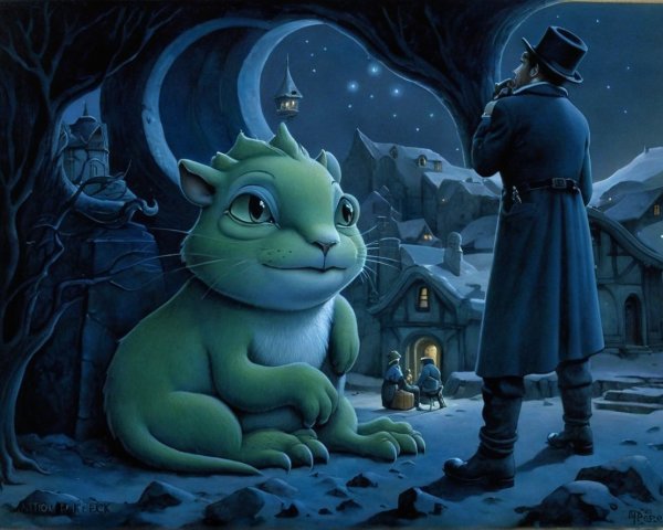 Moonlit Village Scene with Green Creature and Flutist