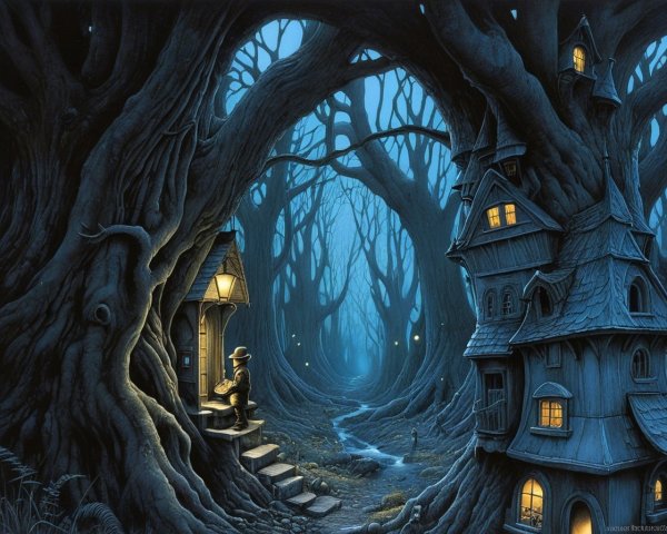 Mystical Twilight Forest with Cozy Lantern-Lit Cottage