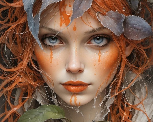 Portrait of a Young Woman with Red Hair and Leaves