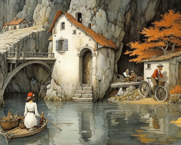 Serene village landscape with cliffs and autumn colors