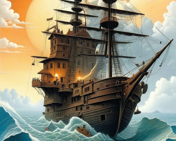 Majestic Pirate Ship Sailing at Dramatic Sunset