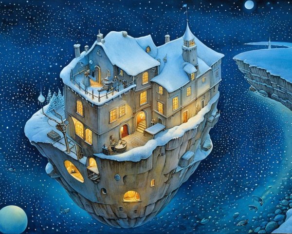 Surreal Scene of a House on a Floating Rock