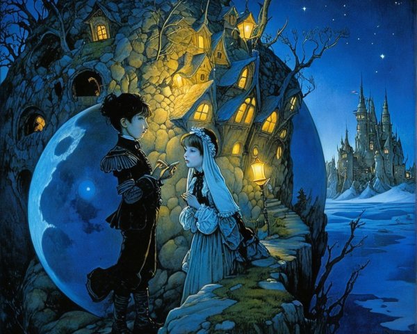 Whimsical Moonlit Scene with Children and Enchanted Castle