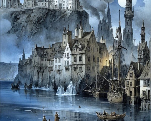 Dramatic Coastal Village with Moonlit Landscape