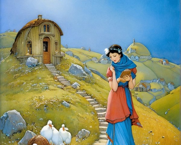 Serene landscape featuring a woman in traditional dress