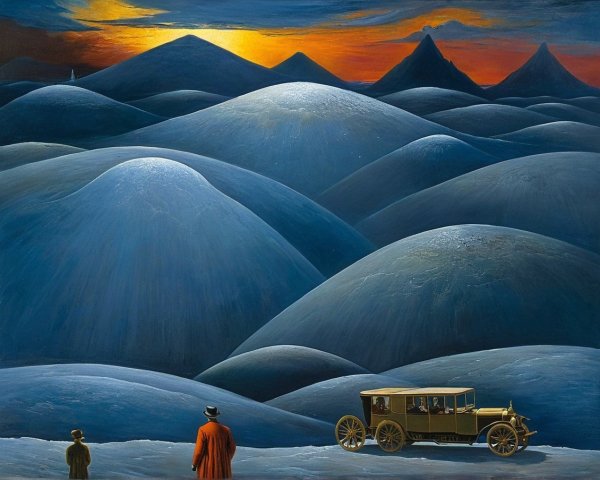 Surreal Landscape with Icy Hills and Vintage Car