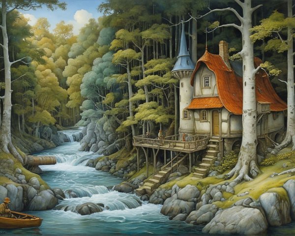 Whimsical Cottage by Serene River and Tall Trees